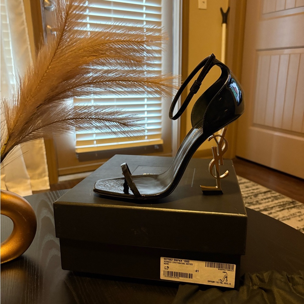 Saint Laurent Black Patent Opyum Sculptural-Heel Sandals - Picture 3 of 6